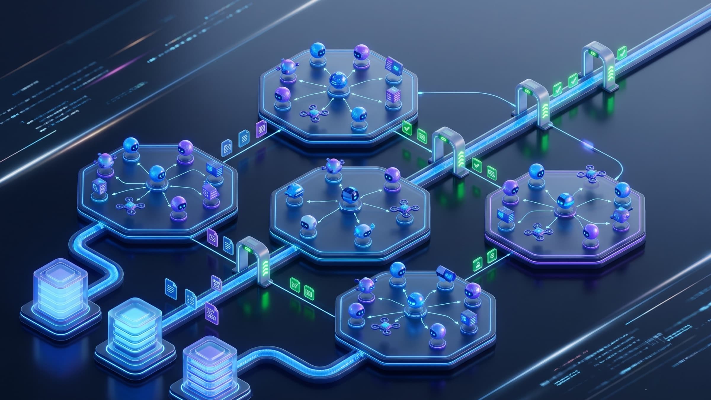 Conceptual AI agent swarm architecture with anonymized governance checkpoints