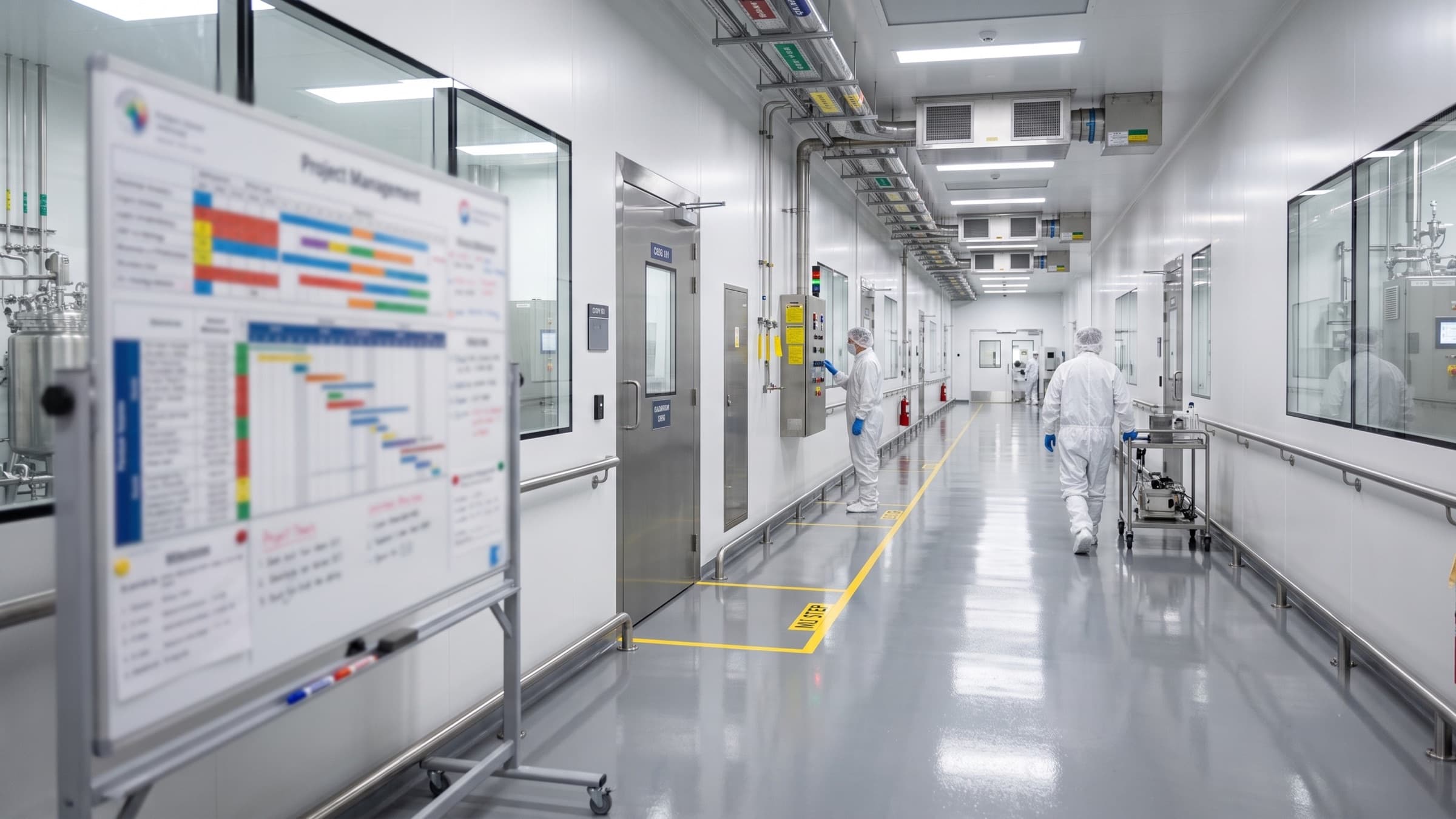 Completed biotechnology manufacturing facility interior with anonymized project details