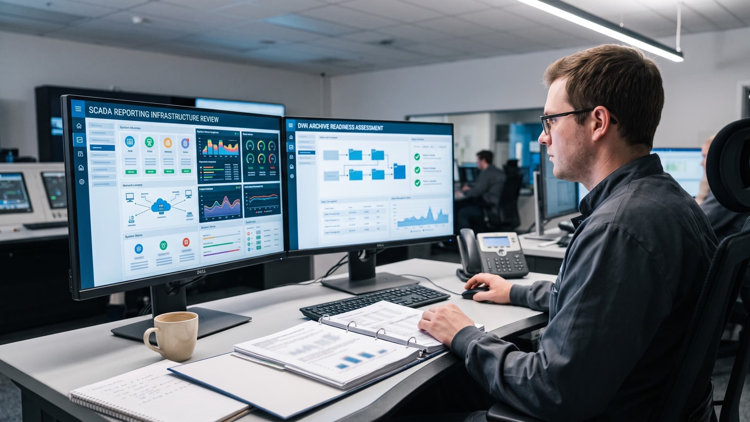 Validation workstation reviewing anonymized SCADA reporting readiness