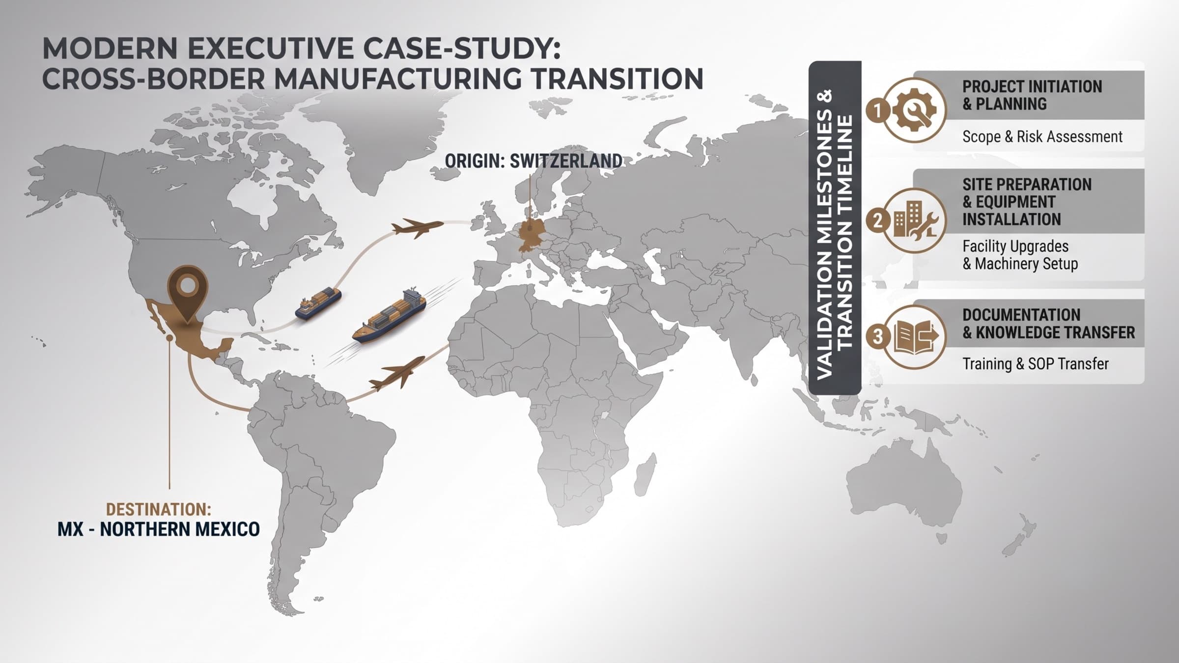 Anonymized transfer map from Switzerland to Juarez with manufacturing milestones