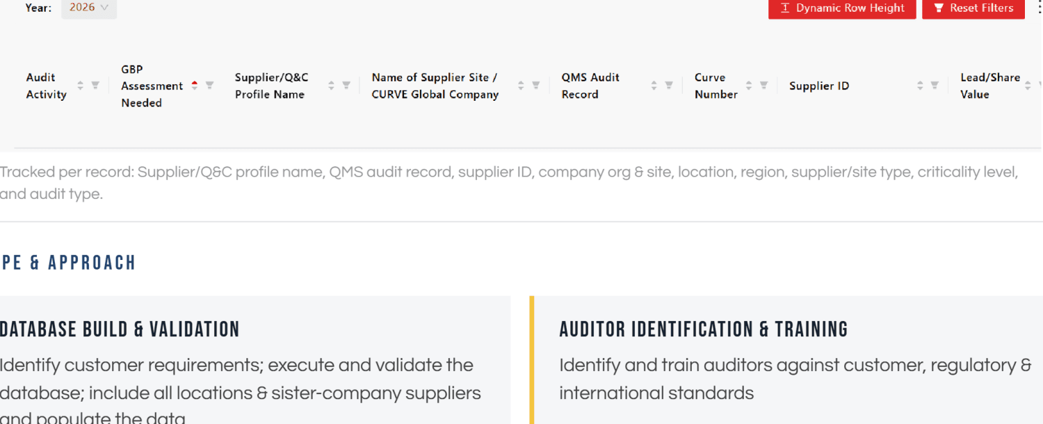 Supplier audit database example showing tracked fields for global compliance management