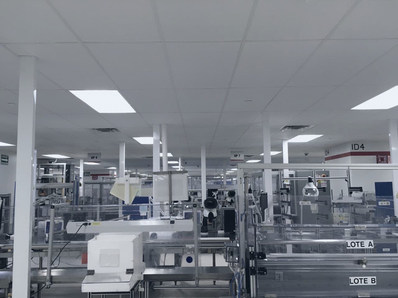 Cleanroom with multiple labeled assembly lines and equipment bays