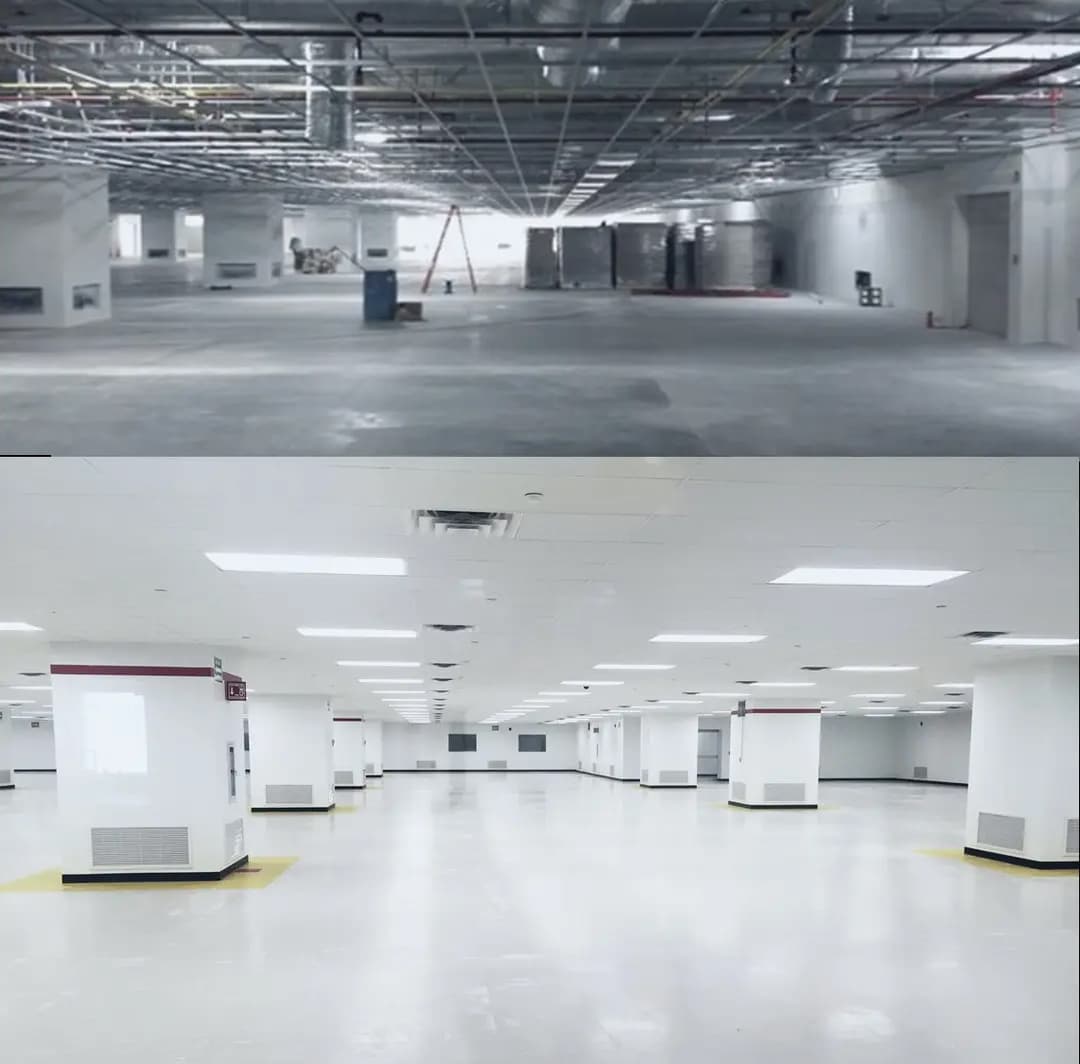 Side-by-side of bare construction interior above and finished cleanroom below