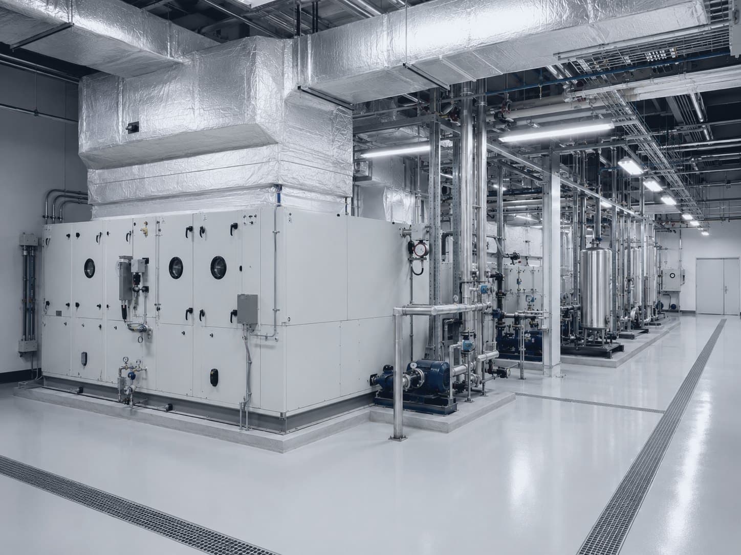 Industrial mechanical room with air-handling units, insulated ducting and stainless piping