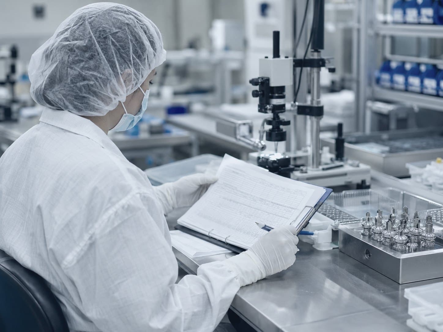 Technician in cleanroom gown and hairnet reviewing a validation checklist beside a microscope