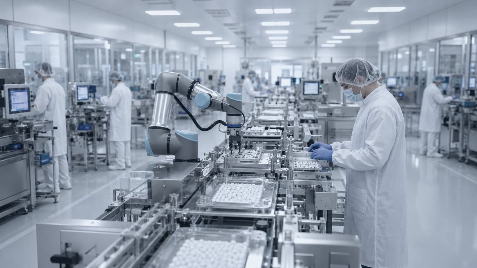Collaborative robot arm on a medical-device assembly line with an operator