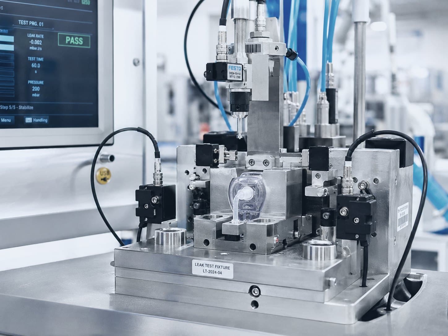 Automated leak-test fixture with HMI showing a passing leak rate