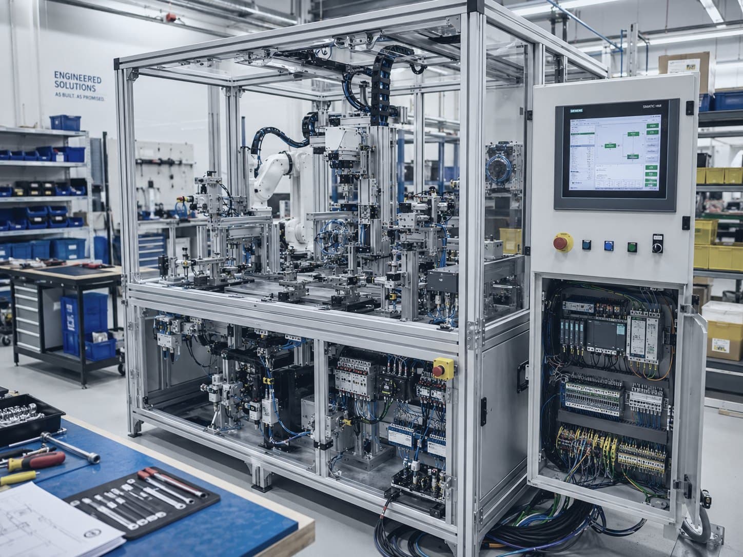 Suture assembly automation cell under build with HMI and a wired control cabinet