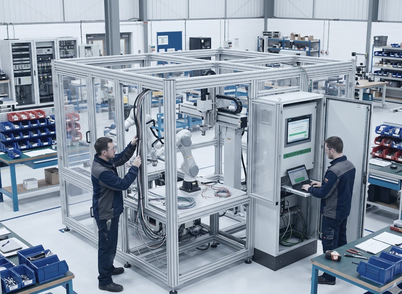Two engineers building an aluminium-framed automation cell with a robot arm during checkout